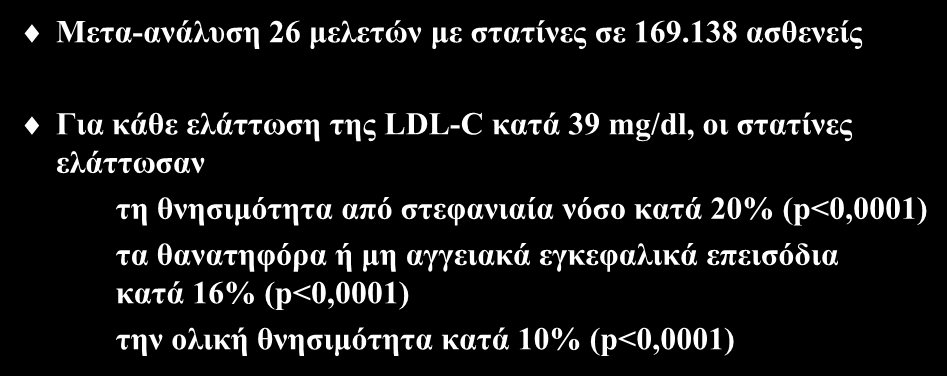 Οφέλη από την ελάττωση της LDL-C με στατίνη Μετα-ανάλυση 26 μελετών με στατίνες σε 169.