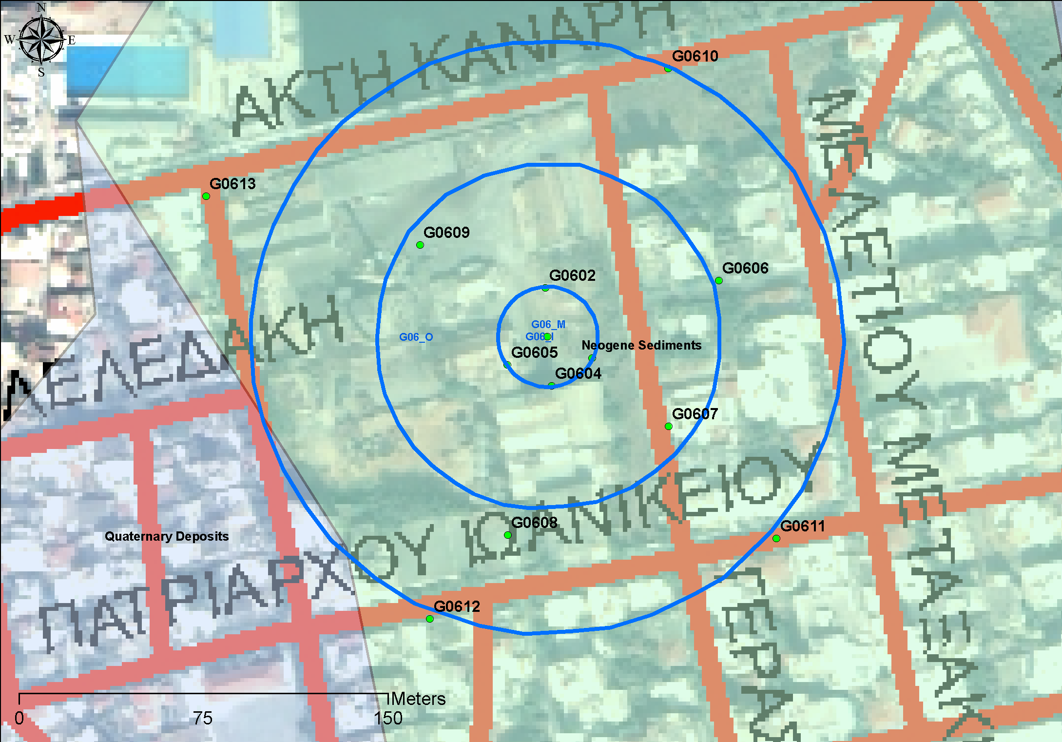 Σχήµα 3.37. Οι θέσεις των µετρήσεων για την περιοχή της Νέας Χώρας. Με µπλε κύκλους διαγράφονται οι εικονικοί κύκλοι, µε πράσινες βούλες οι θέσεις εγκατάστασης των σταθµών καταγραφής. 3.6.1.