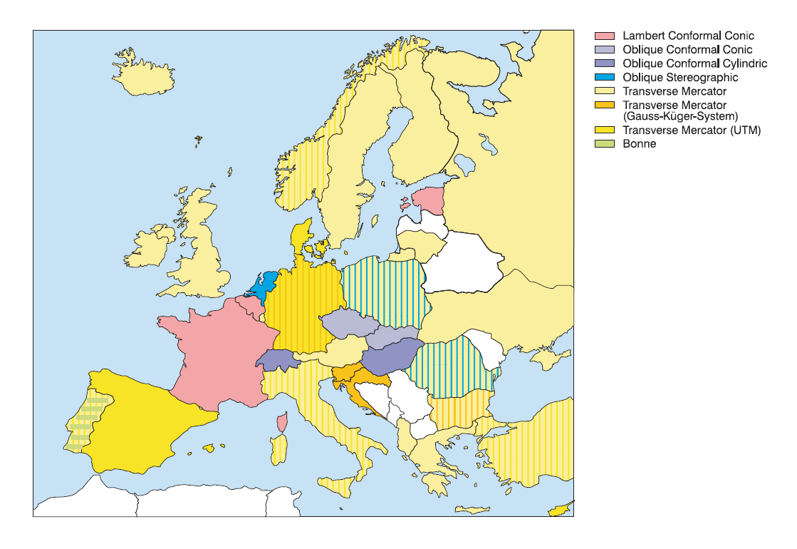 Χάρτης 1, Κατανομή των προβολικών συστημάτων των ευρωπαϊκών χωρών (European Commission 2001).