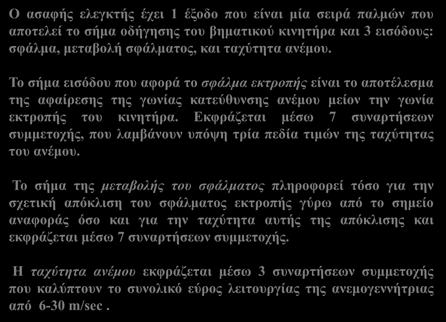 Διατάξεων Μοντέλο Ελεγκτή Ο ασαφής ελεγκτής έχει 1 έξοδο που είναι μία σειρά παλμών που αποτελεί το σήμα οδήγησης του βηματικού κινητήρα και 3 εισόδους: σφάλμα, μεταβολή σφάλματος, και ταχύτητα