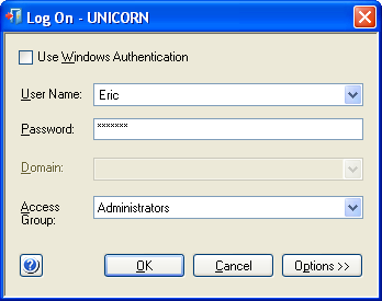 7 Έναρξη του UNICORN και σύνδεση στο σύστημα Βήμα 2 Στο παράθυρο διαλόγου Log On: επιλέξτε User Name. και καταχωρίστε το Password.