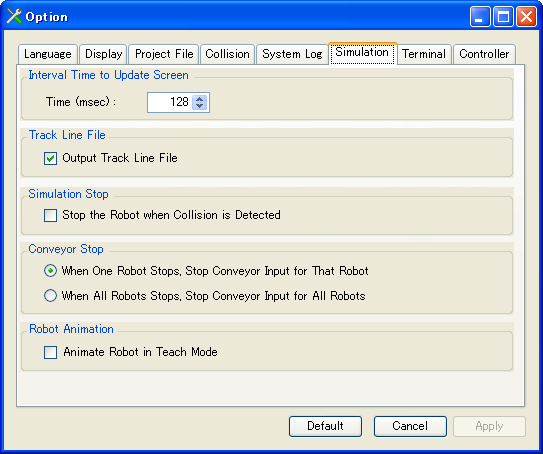 4.11.6 [Option Settings] -> [Simulation] Στην καρτέλα προσομοίωσης, είναι δυνατόν να ρυθμιστεί η έξοδο των αποτελεσμάτων της προσομοίωσης, η αλλαγή της ταχύτητας προσομοίωσης για κάθε ρομπότ, ο