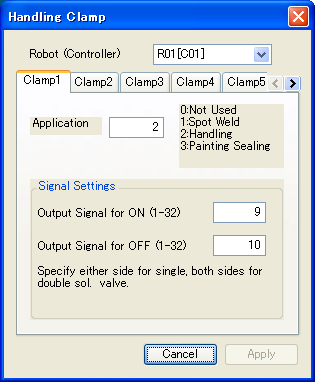 4.28 Handling Clamp(for Handling) Επιλέξτε Handling Clamp από το μενού επεκτάσεων και η οθόνη του χειρισμού του σφικτήρα θα εμφανιστεί. Application Επιλέξτε τον αριθμό 2 στην περίπτωση χειρισμού.