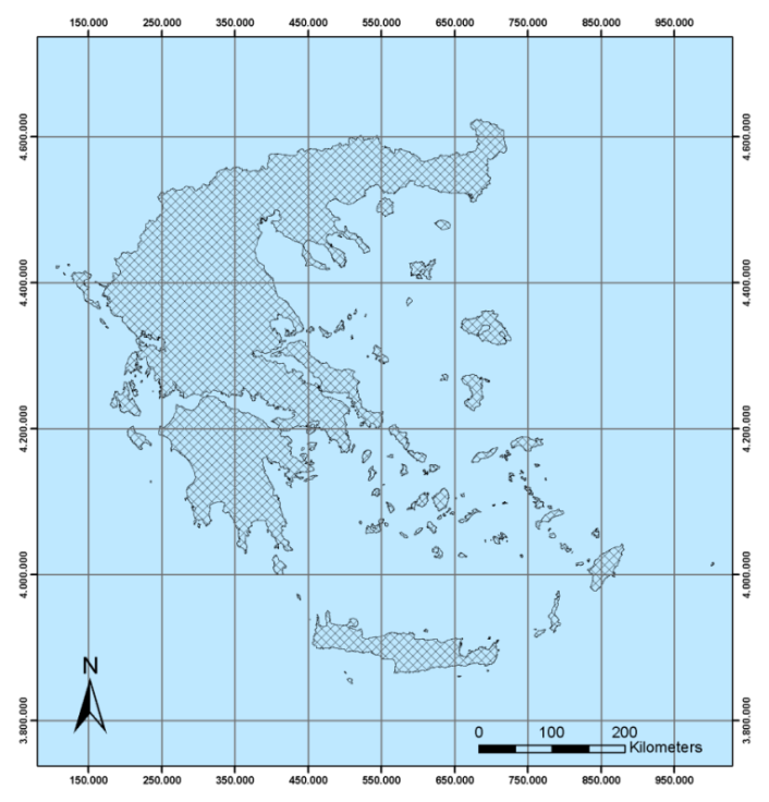 29 Εικόνα 6: Φάρτης της Ελλάδος (χαρτογραφικού συστήματος προβολής ΕΓΑ 87). Όπως παρατηρούμε και από τον χάρτη το χαρτογραφικό σύστημα προβολής είναι το Ελληνικό Γεωδαιτικό ύστημα Αναφοράς.