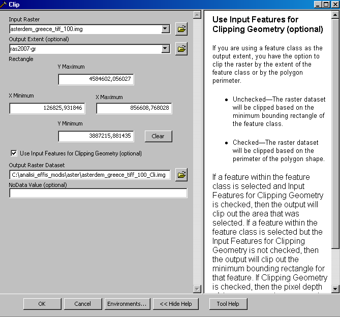 44 Εικόνα 17: Εντολή CLIP από το λογισμικό ARCMAP 9.3. την εντολή Clip έγινε επιλογή το πεδίο Use input features for clipping geometry έτσι ώστε να απομονώνουμε κάθε φορά τις περιοχές που θέλουμε.