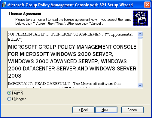 Εµφανίζεται η εισαγωγική οθόνη του οδηγού εγκατάστασης. Εικόνα 201 Group Policy Management Console: Οδηγός εγκατάστασης Γίνεται αποδεκτή η άδεια χρήσης.