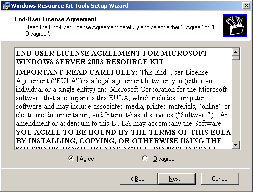 Εµφανίζεται η εισαγωγική οθόνη του οδηγού εγκατάστασης. Εικόνα 214 Windows 2003 Server Resource Kit Tools: Οδηγός εγκατάστασης Γίνεται αποδεκτή η άδεια χρήσης.
