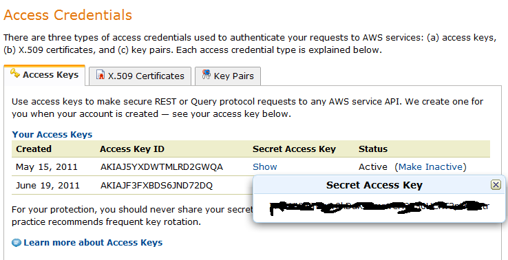 Στη σελίδα που θα ανοίξει μπορούμε να δούμε τα στοιχεία μας. Access Key Σύμφωνα με τη σελίδα τα Access Keys χρησιμοποιούνται για να κάνουμε REST ή Query requests στο API οποιουδήποτε AWS service.