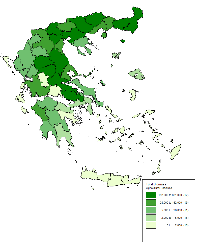 Εικόνα 2.3. Θεματικός χάρτης για την διαθέσιμη ποσότητα βιομάζας από 9 αγροτικά υπολείμματα.