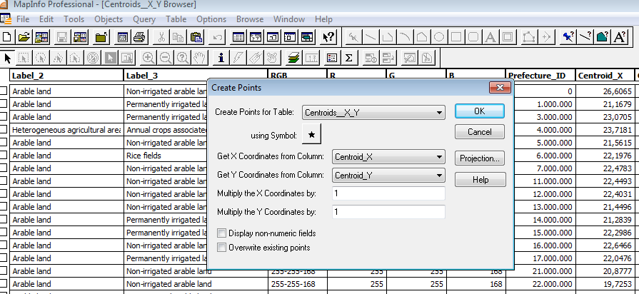 Στην συνέχεια για την εύρεση των κεντροειδών, από το το path: Table- Maintenance-Table Structure κατασκευάζουμε δύο στήλες με ονόματα Centroid_X, Centroid_Y και από το path: Table-Update Column για