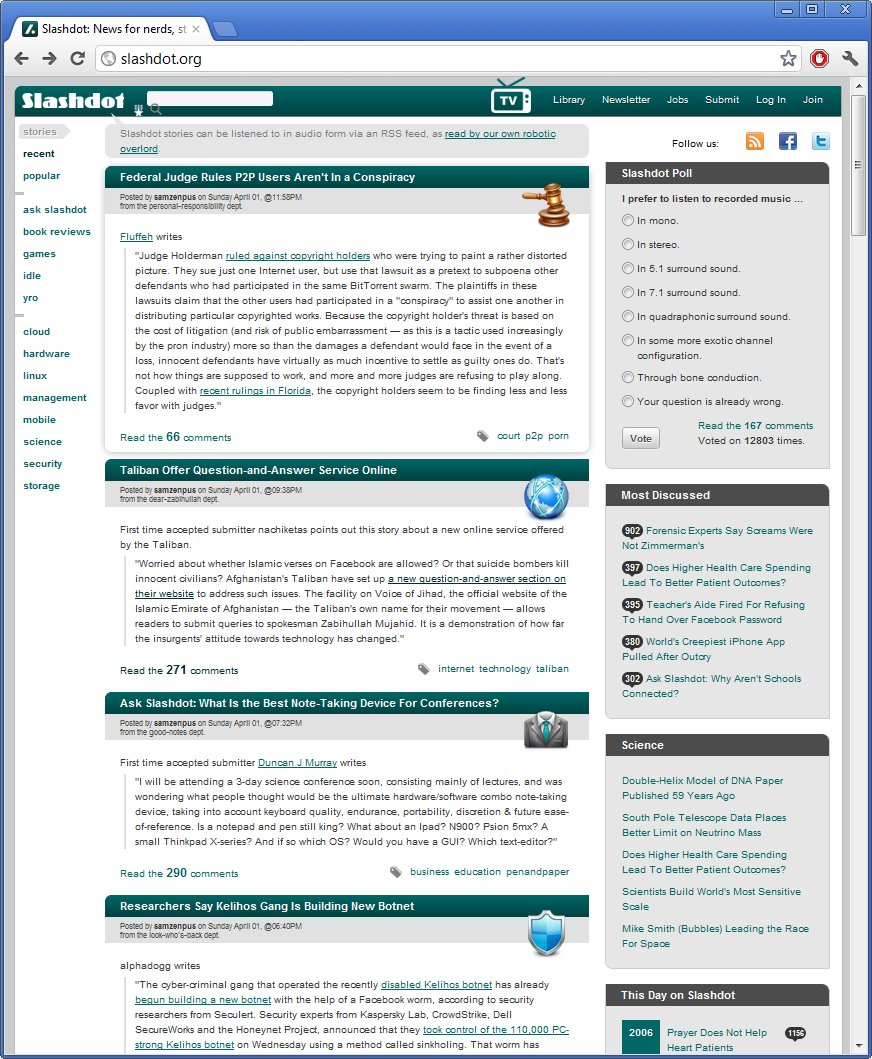 Εικ. 14 Screenshot από το δημοφιλές site slashdot.com Το λογισμικό που χρησιμοποιεί ο ιστότοπος Slashdot.com ονομάζεται Slash (http://www.slashcode.