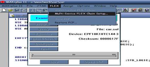 Πτυχιακή Εργασία 2.1.9) Φόρτωση και Έλεγχος Τώρα μπορεί να φορτωθεί το κύκλωμα στη συσκευή EPF10K10TC144-3.