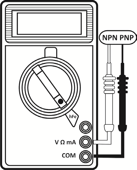4.3 MĚŘENÍ STEJNOSMĚRNÉHO PROUDU Odpojte testovaný obvod od přívodu elektřiny a pak teprve připojte multimetr k obvodu určenému k měření. 1. Červený kabel k VΩ ma. Černý kabel k COM.