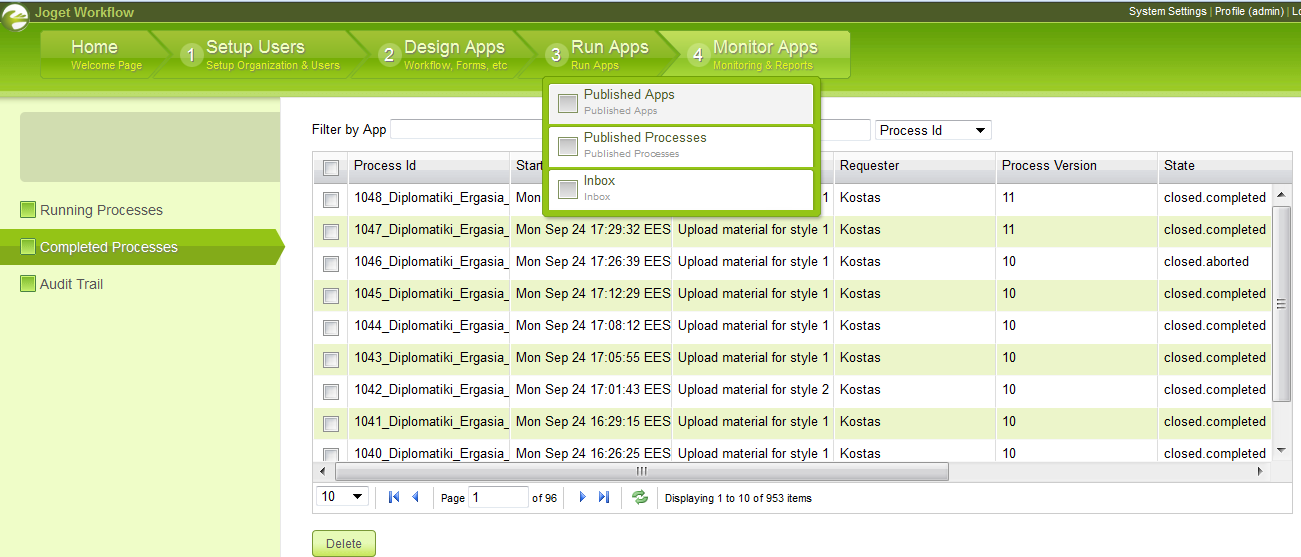 Εικόνα 81: Διαδικασίες οι οποίες εκκρεμούν (Running processes) Εικόνα 82: Διαδικασίες που έχουν ολοκληρωθεί (completed processes) Για κάθε μια διαδικασία, δηλαδή για ένα instance αυτής, μπορείτε να
