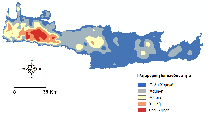 Εικόνα 19: Κατηγοριοποίηση της Πλημμυρικής Επικινδυνότητας με βάση το παράγοντα Ένταση βροχόπτωσης (αύξηση κατά 10%) στο Υδατικό Διαμέρισμα της Κρήτης Στη συνέχεια έχοντας ως δεδομένο το νέο χάρτη