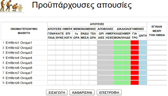 ΑΠΟΥΣΙΕΣ =>ΠΡΟΫΠΑΡΧΟΥΣΕΣ Καταχωρείστε τις συνολικές απουσίες που έκανε ένας μαθητής ή μαθήτρια μέχρι κάποια ημερομηνία.
