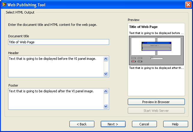 94 Σχήμα 4.15. Το παράθυρο του Web Publishing Tool του LabVIEW Αρχικά θα πρέπει στο πεδίο VI name να επιλεγεί το όνομα του VI για το οποίο θα δημιουργηθεί η ιστοσελίδα δηλαδή το Labvie