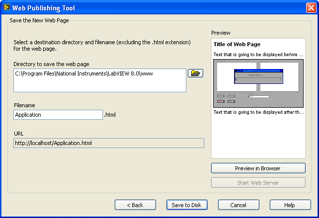 95 Σχήμα 4.16. Το παράθυρο του Web Publishing Tool του LabVIEW Στην συνέχεια εφόσον πατηθεί το κουμπί Next> το παράθυρο το Web Publishing tool θα πάρει την μορφή του Σχήματος 4.17.