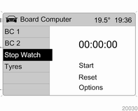 114 Όργανα και χειριστήρια Χρονόμετρο Επιλέξτε το στοιχείο μενού Timer (Χρονομετρητής) από το μενού Board Computer (Υπολογιστής οχήματος). Εμφανίζεται το μενού Timer (Χρονομετρητής).