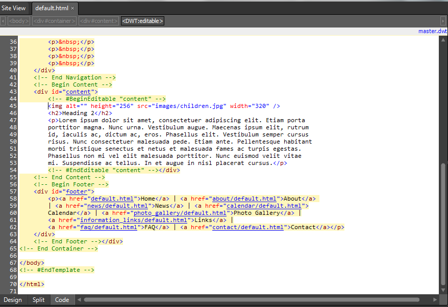 Εικόνα 6.6: Προβολή με Code. 6.2. Η μορφοποίηση των ιστοσελίδων. Επιλέγοντας ένα template, τα στυλ μορφοποίησης παρέχονται έτοιμα.