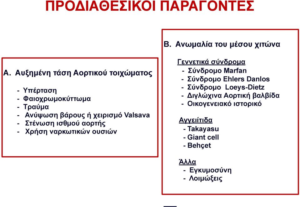 Valsava - Στένωση ισθµού αορτής - Χρήση ναρκωτικών ουσιών Γεννετικά σύνδροµα - Σύνδροµο Marfan - Σύνδροµο