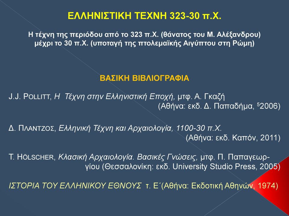 ΠΛΑΝΤΖΟΣ, Ελληνική Τέχνη και Αρχαιολογία, 1100-30 π.χ. (Αθήνα: εκδ. Καπόν, 2011) T. HÖLSCHER, Κλασική Αρχαιολογία.