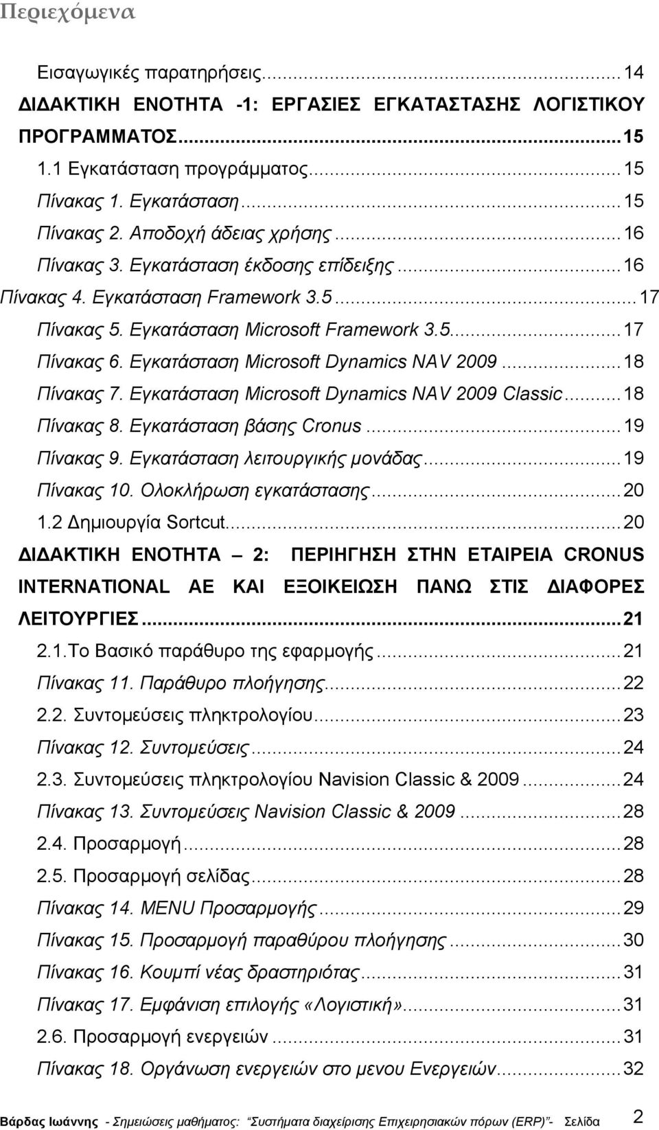 Εγκατάσταση Microsoft Dynamics NAV 2009...18 Πίνακας 7. Εγκατάσταση Microsoft Dynamics NAV 2009 Classic...18 Πίνακας 8. Εγκατάσταση βάσης Cronus...19 Πίνακας 9. Εγκατάσταση λειτουργικής µονάδας.