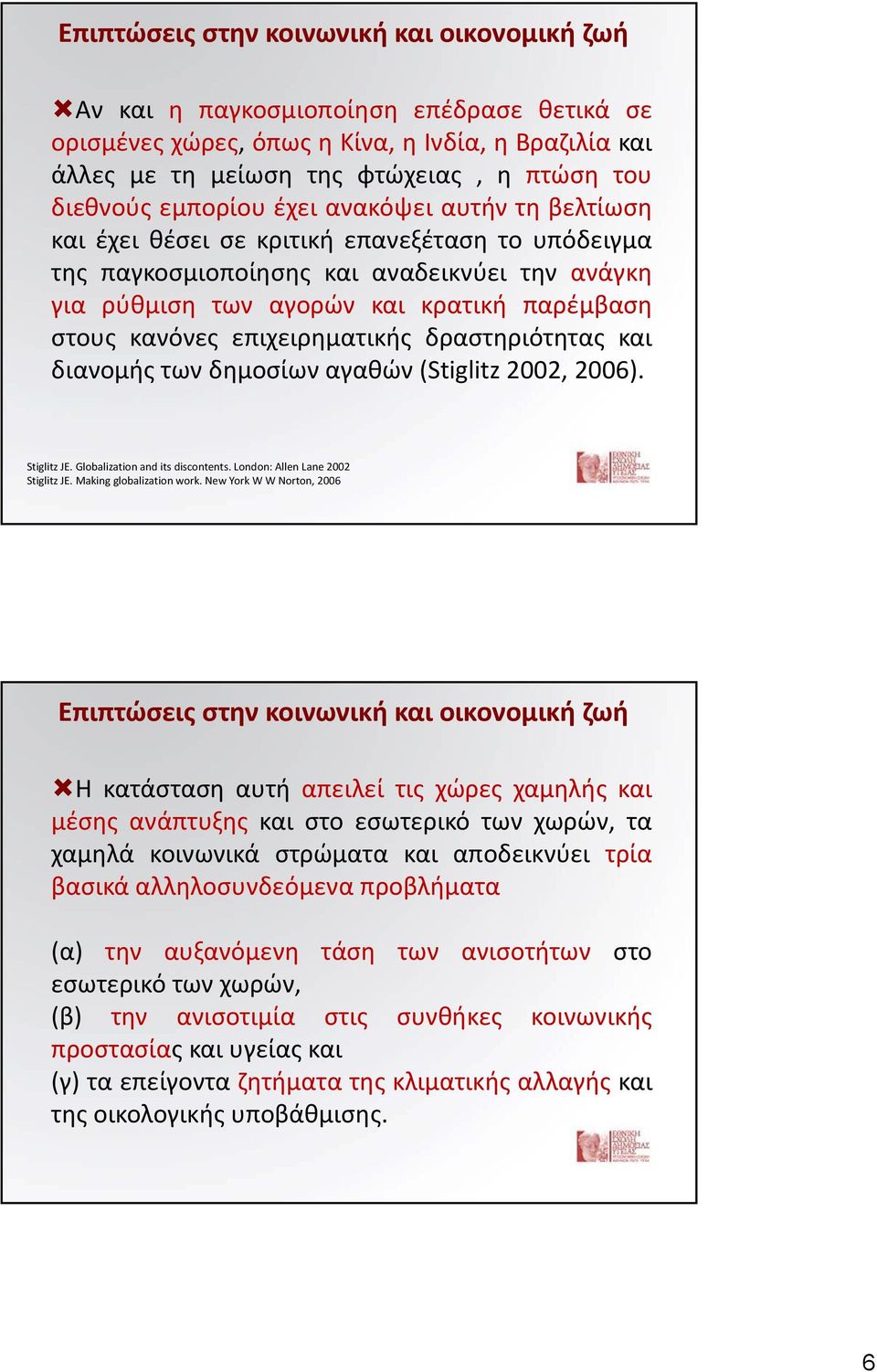 επιχειρηματικής δραστηριότητας και διανομής των δημοσίων αγαθών (Stiglitz 2002, 2006). Stiglitz JE. Globalization and its discontents. London: Allen Lane 2002 Stiglitz JE. Making globalization work.
