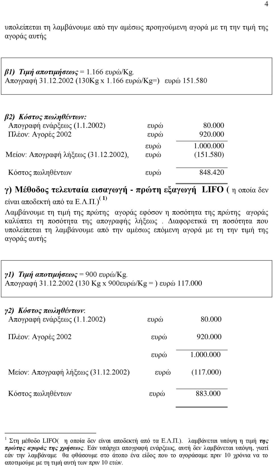 420 γ) Μέθοδος τελευταία εισαγωγή - πρώτη εξαγωγή LIFO ( η οποία δεν είναι αποδεκτή από τα Ε.Λ.Π.