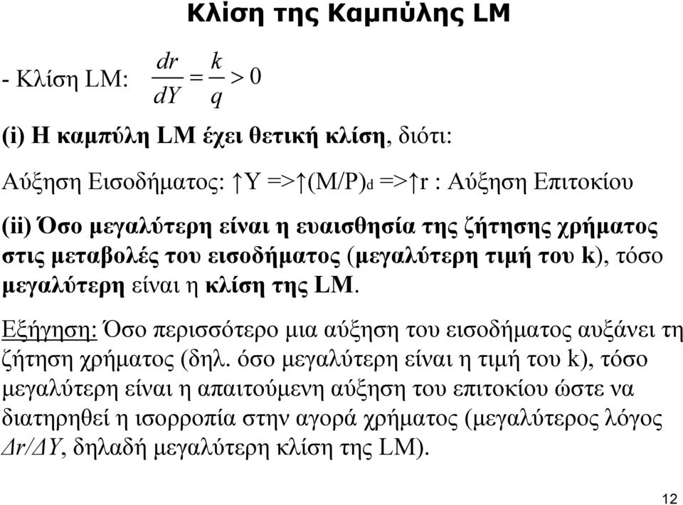 της LM. Εξήγηση: Όσο περισσότερο μια αύξηση του εισοδήματος αυξάνει τη ζήτηση χρήματος (δηλ.