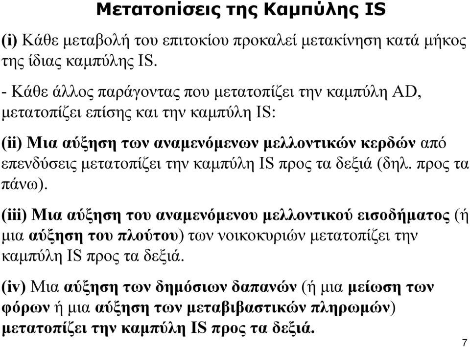 επενδύσεις μετατοπίζει την καμπύλη IS προς τα δεξιά (δηλ. προς τα πάνω).