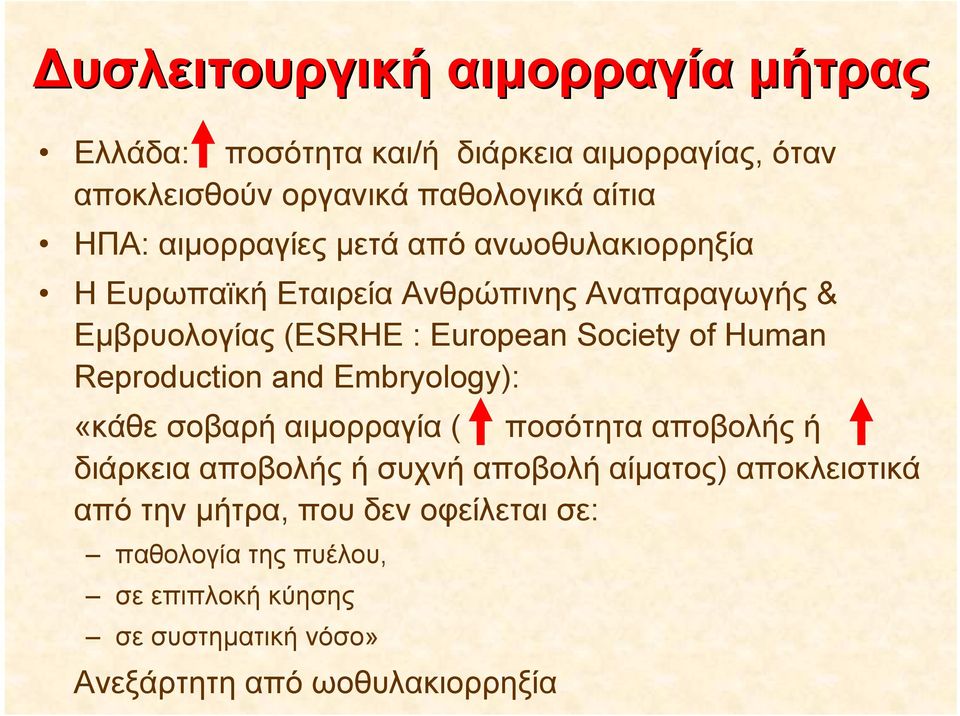 Human Reproduction and Embryology): «κάθε σοβαρή αιμορραγία ( ποσότητα αποβολής ή διάρκεια αποβολής ή συχνή αποβολή αίματος)