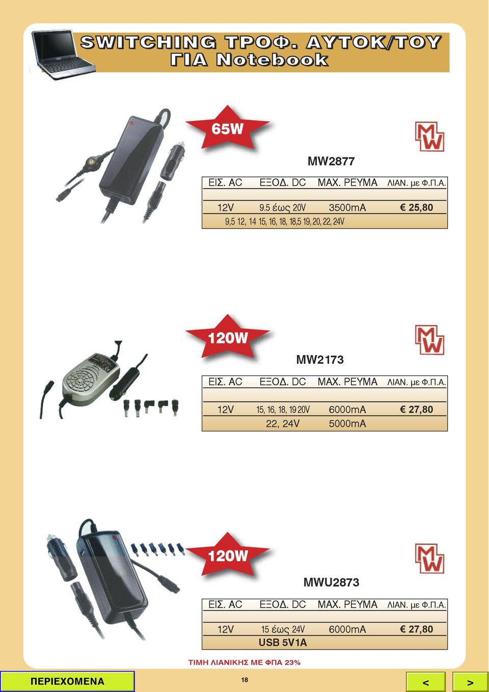 DC MAX. PEYMA ΛΙΑΝ. με Φ.Π.Α. 12V 15, 16, 18, 19 20V 6000mA 27,80 22, 24V 5000mA 120W 18 MWU2873 ΕΙΣ.