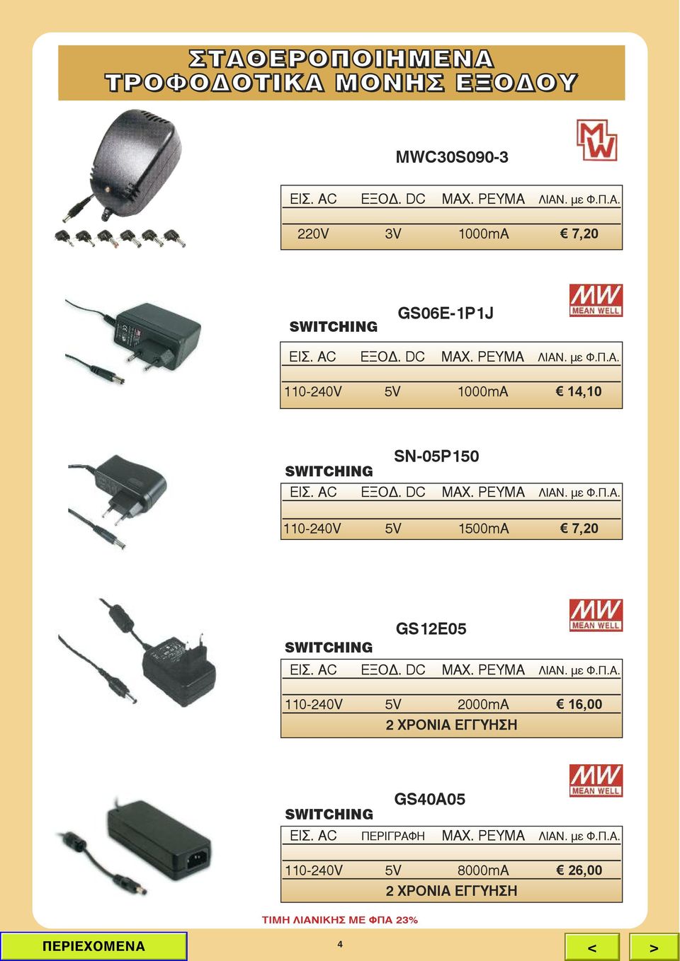 AC ΕΞΟΔ. DC MAX. PEYMA ΛΙΑΝ. με Φ.Π.Α. 110-240V 5V 2000mA 16,00 2 ΧΡΟΝΙΑ ΕΓΓΥΗΣΗ GS40A05 SWITCHING ΕΙΣ. AC ΠΕΡΙΓΡΑΦΗ MAX.