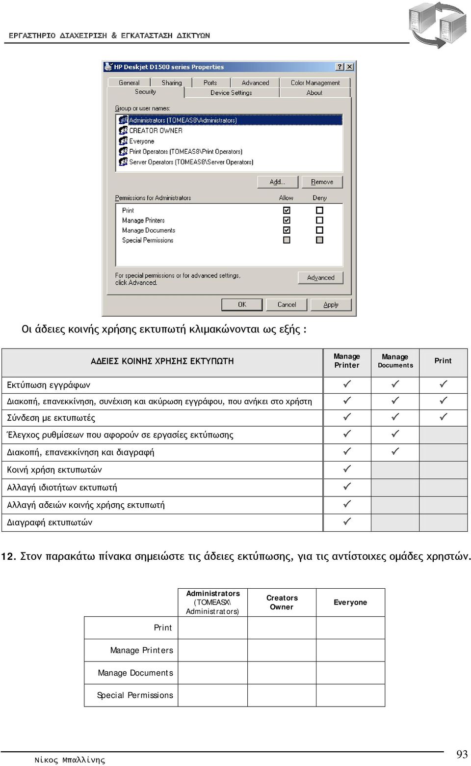 και διαγραφή Κοινή χρήση εκτυπωτών Αλλαγή ιδιοτήτων εκτυπωτή Αλλαγή αδειών κοινής χρήσης εκτυπωτή Διαγραφή εκτυπωτών 12.