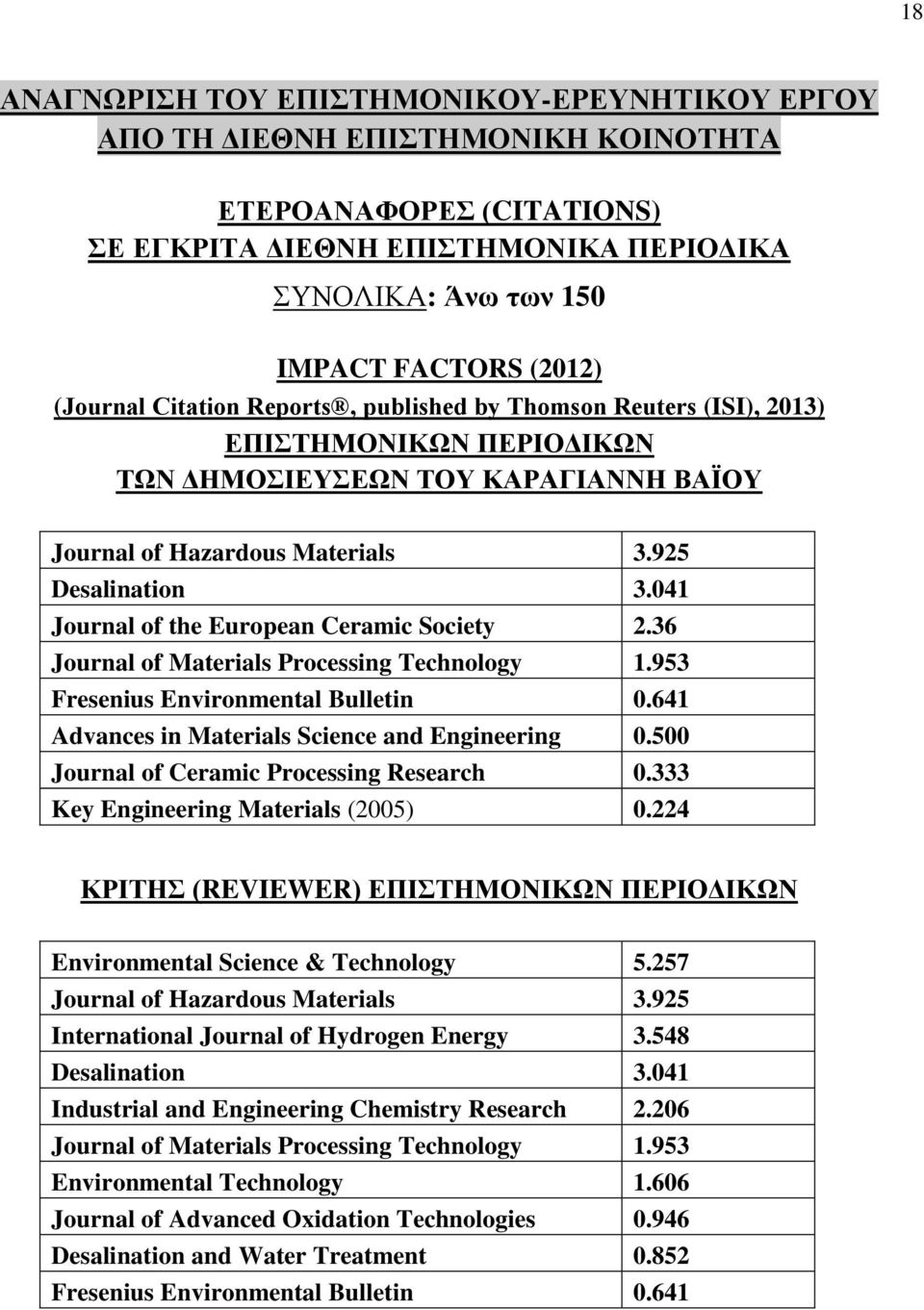 041 Journal of the European Ceramic Society 2.36 Journal of Materials Processing Technology 1.953 Fresenius Environmental Bulletin 0.641 Advances in Materials Science and Engineering 0.