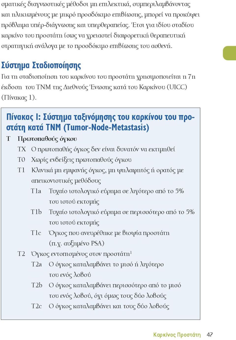 Σύστημα Σταδιοποίησης Για τη σταδιοποίηση του καρκίνου του προστάτη χρησιμοποιείται η 7η έκδοση του TNM της Διεθνούς Ένωσης κατά του Καρκίνου (UI) (Πίνακας 1).
