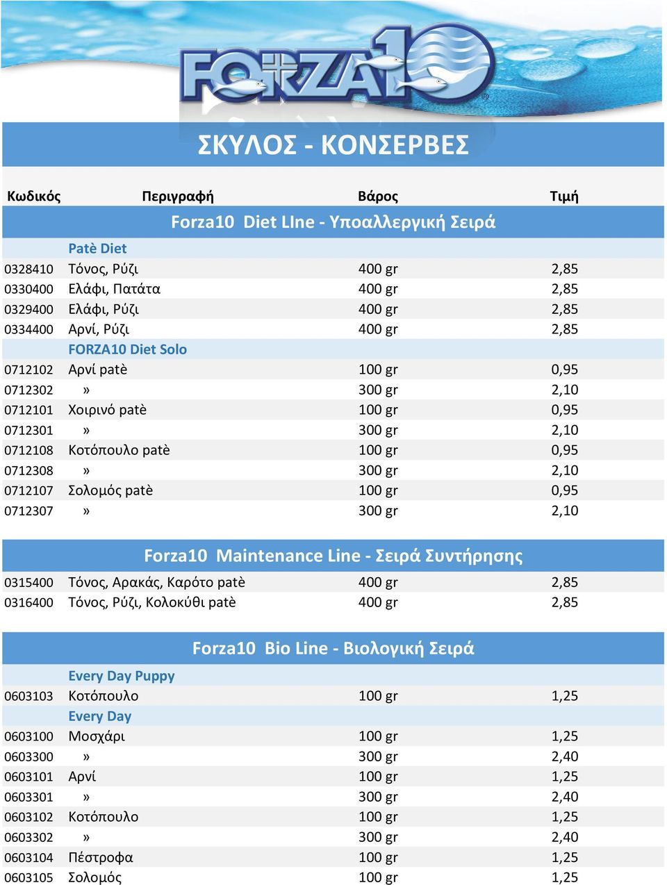 300 gr 2,10 0712107 Σολομός patè 100 gr 0,95 0712307» 300 gr 2,10 Forza10 Maintenance Line - Σειρά Συντήρησης 0315400 Τόνος, Αρακάς, Καρότο patè 400 gr 2,85 0316400 Τόνος, Ρύζι, Κολοκύθι patè 400 gr