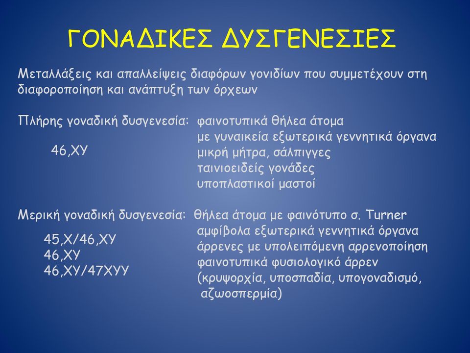 γονάδες υποπλαστικοί µαστοί Μερική γοναδική δυσγενεσία: θήλεα άτοµα µε φαινότυπο σ.