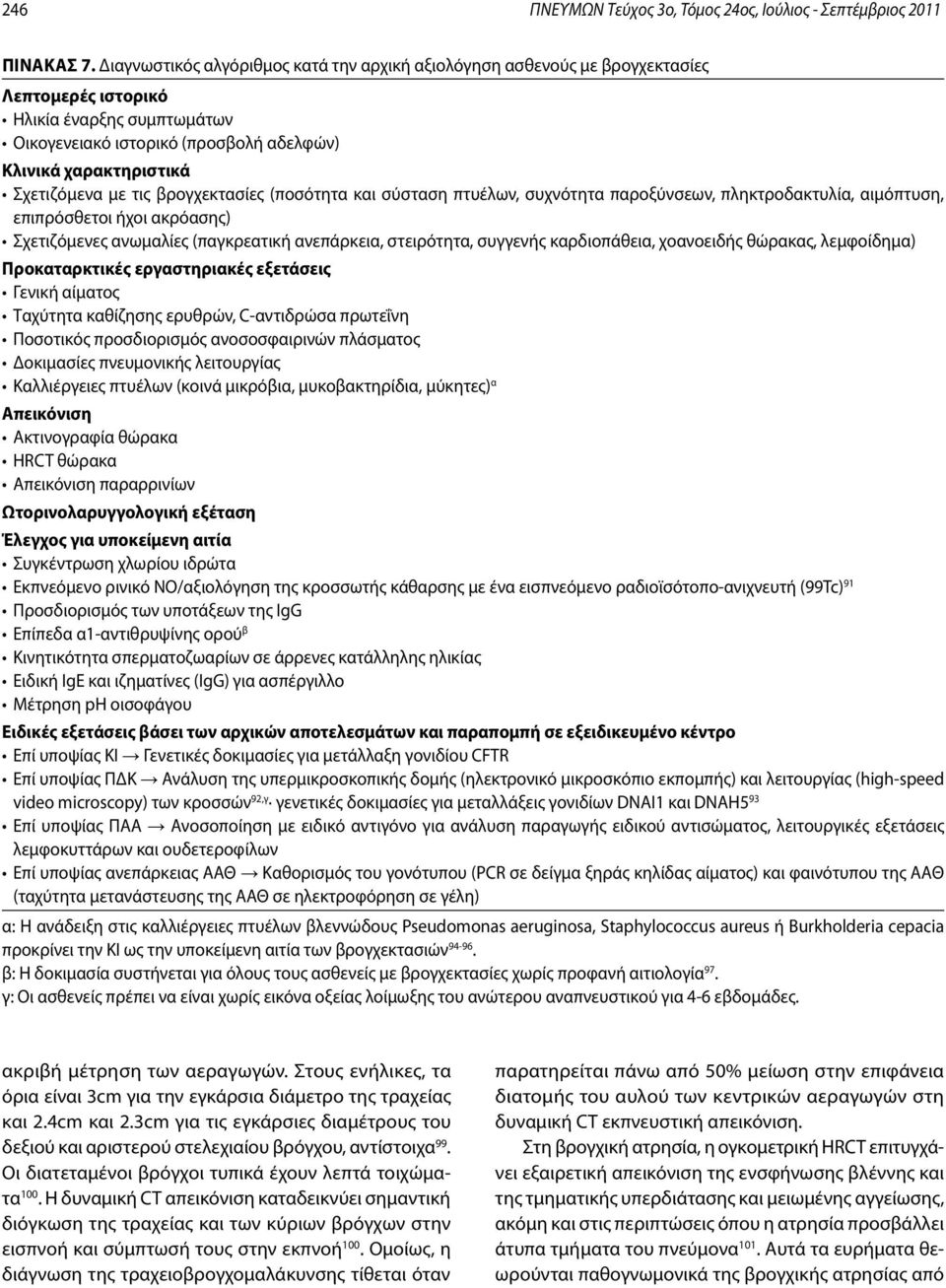 με τις βρογχεκτασίες (ποσότητα και σύσταση πτυέλων, συχνότητα παροξύνσεων, πληκτροδακτυλία, αιμόπτυση, επιπρόσθετοι ήχοι ακρόασης) Σχετιζόμενες ανωμαλίες (παγκρεατική ανεπάρκεια, στειρότητα, συγγενής