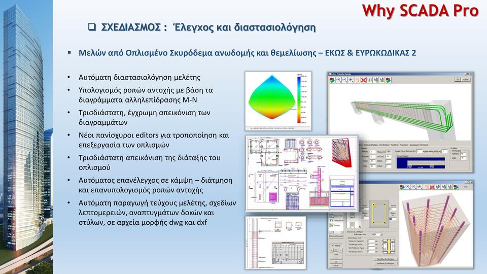 editors για τροποποίηση και επεξεργασία των οπλισμών Τρισδιάστατη απεικόνιση της διάταξης του οπλισμού Αυτόματος επανέλεγχος σε κάμψη διάτμηση