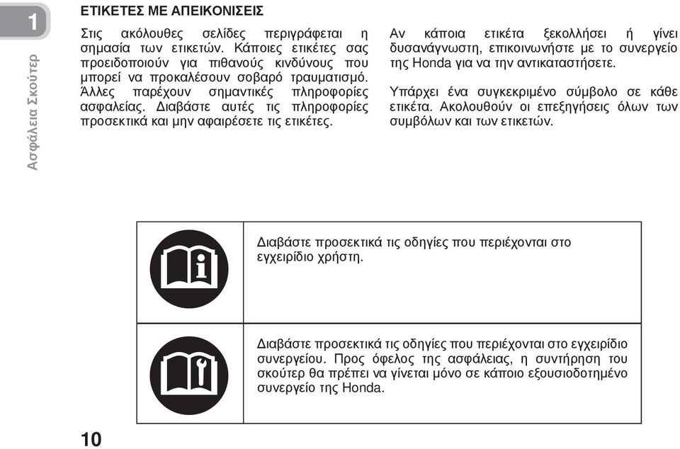 Διαβάστε αυτές τις πληροφορίες προσεκτικά και μην αφαιρέσετε τις ετικέτες. Αν κάποια ετικέτα ξεκολλήσει ή γίνει δυσανάγνωστη, επικοινωνήστε με το συνεργείο της Honda για να την αντικαταστήσετε.