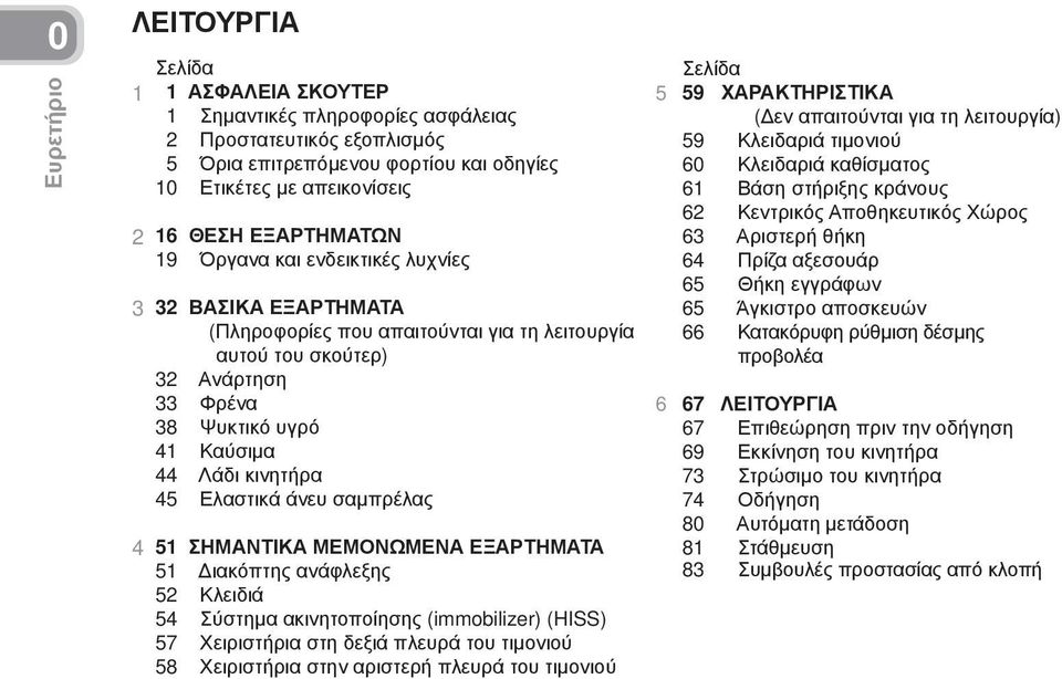 45 Ελαστικά άνευ σαμπρέλας 51 ΣΗΜΑΝΤΙΚΑ ΜΕΜΟΝΩΜΕΝΑ ΕΞΑΡΤΗΜΑΤΑ 51 Διακόπτης ανάφλεξης 52 Κλειδιά 54 Σύστημα ακινητοποίησης (immobilizer) (HISS) 57 Χειριστήρια στη δεξιά πλευρά του τιμονιού 58