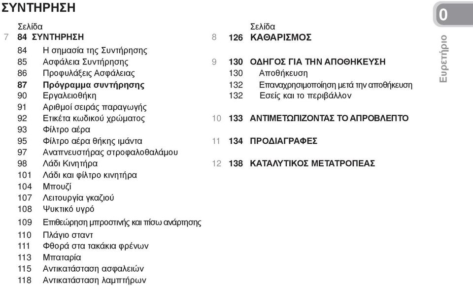 Φίλτρο αέρα 95 Φίλτρο αέρα θήκης ιμάντα 11 134 ΠΡΟΔΙΑΓΡΑΦΕΣ 97 Αναπνευστήρας στροφαλοθαλάμου 98 Λάδι Κινητήρα 12 138 ΚΑΤΑΛΥΤΙΚΟΣ ΜΕΤΑΤΡΟΠΕΑΣ 101 Λάδι και φίλτρο κινητήρα 104 Μπουζί 107