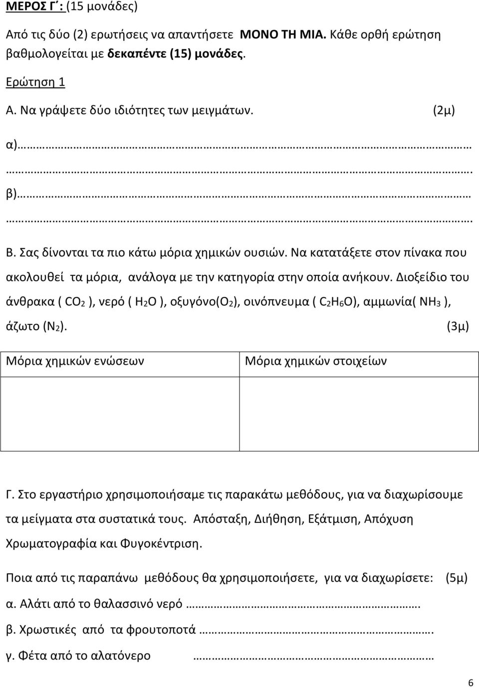 Διοξείδιο του άνθρακα ( CO2 ), νερό ( H2O ), οξυγόνο(ο2), οινόπνευμα ( C2H6O), αμμωνία( NH3 ), άζωτο (Ν2). (3μ) Μόρια χημικών ενώσεων Μόρια χημικών στοιχείων Γ.