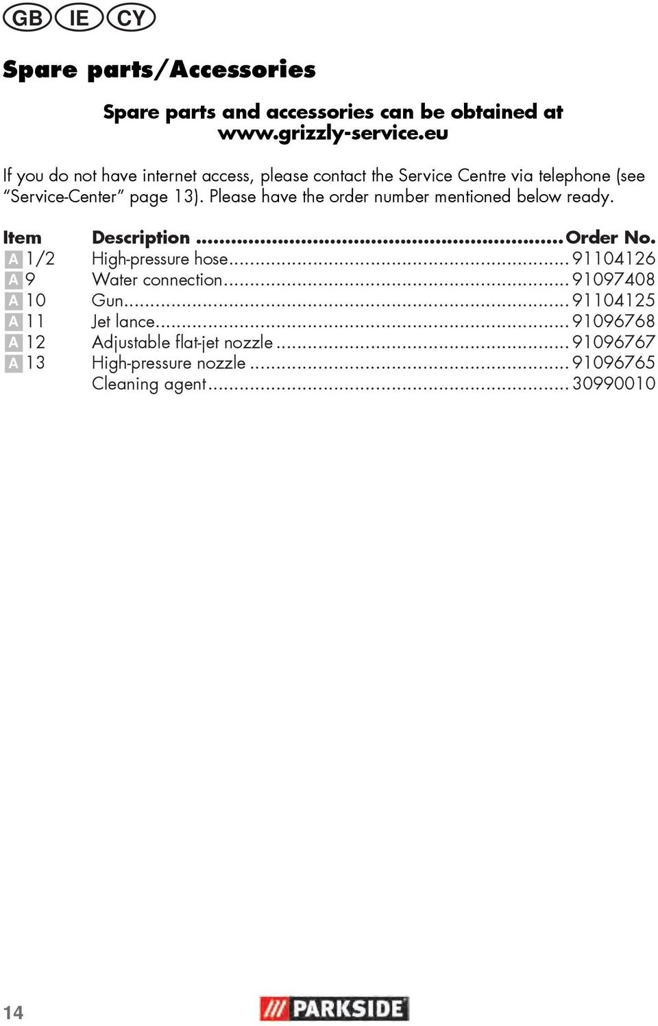 Please have the order number mentioned below ready. Item Description...Order No. A 1/2 High-pressure hose.