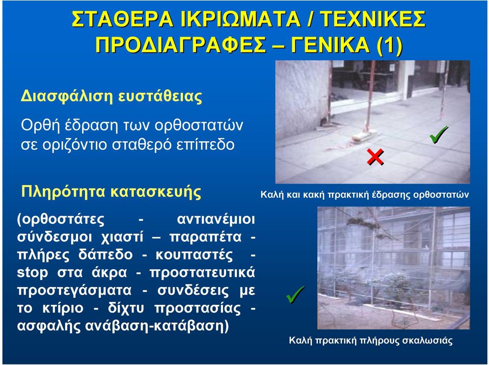 πλήρες δάπεδο - κουπαστές - stop στα άκρα - προστατευτικά προστεγάσματα - συνδέσεις με το κτίριο - δίχτυ