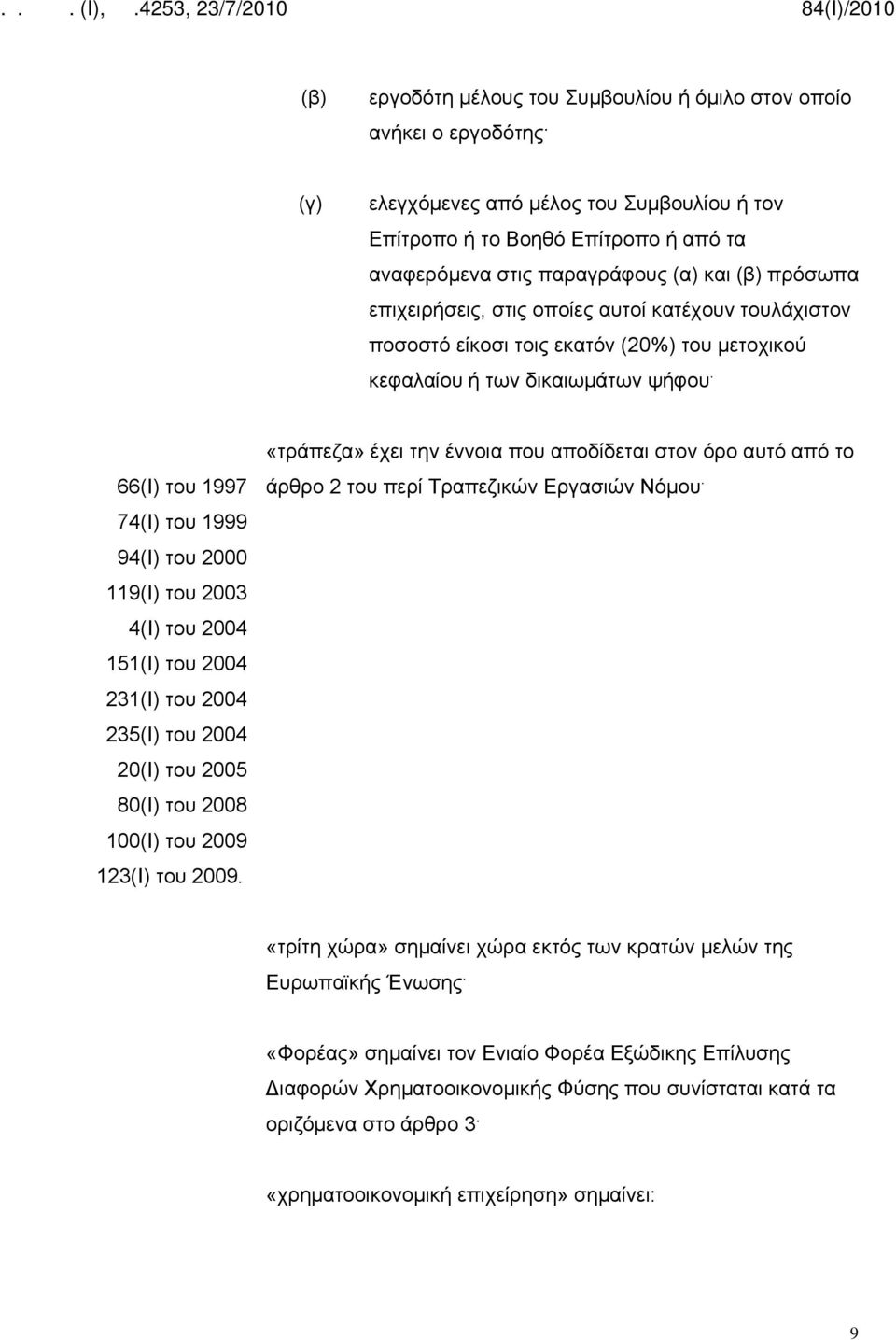 66(Ι) του 1997 74(Ι) του 1999 94(Ι) του 2000 119(Ι) του 2003 4(Ι) του 2004 151(Ι) του 2004 231(Ι) του 2004 235(Ι) του 2004 20(Ι) του 2005 80(Ι) του 2008 100(Ι) του 2009 123(Ι) του 2009.