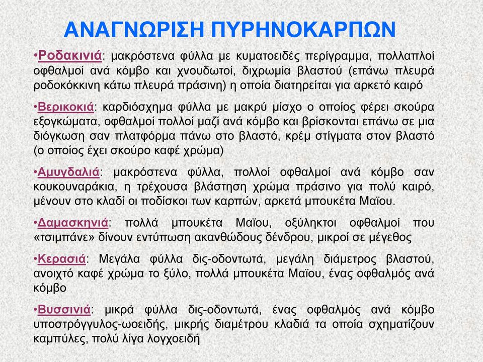 βλαστό, κρέμ στίγματα στον βλαστό (ο οποίος έχει σκούρο καφέ χρώμα) Αμυγδαλιά: μακρόστενα φύλλα, πολλοί οφθαλμοί ανά κόμβο σαν κουκουναράκια, η τρέχουσα βλάστηση χρώμα πράσινο για πολύ καιρό, μένουν