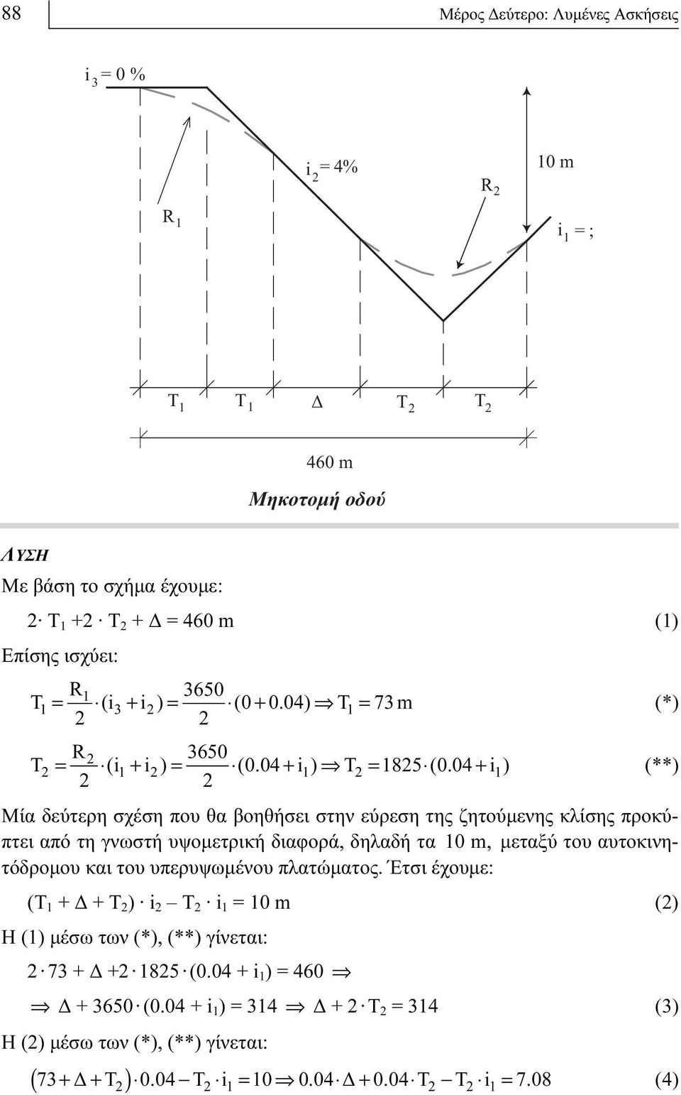 04 + i ) (**) Μία δεύτερη σχέση που θα βοηθήσει στην εύρεση της ζητούμενης κλίσης προκύπτει από τη γνωστή υψομετρική διαφορά, δηλαδή τα 0 m, μεταξύ του αυτοκινητόδρομου και